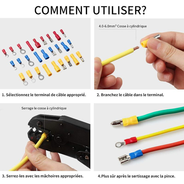 Krimptång med spärr och 700 elektriska klämmor för kablar 0,5-1,5 mm2/1,5-2,5 mm2/4,0-6,0 mm2 KLB