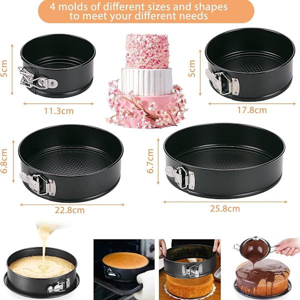 Sæt med 4 springform-pander, 12/18/22/26 cm runde bagepandesæt, kageform med KLB