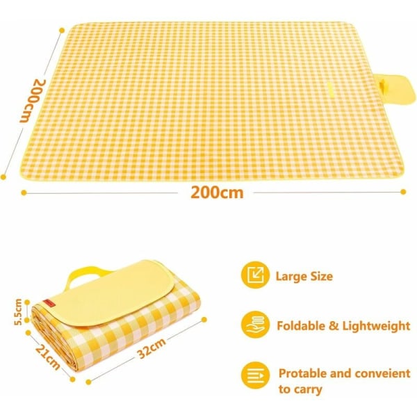 200 x 200 cm Piknikteppe, Vanntett Fuktighetsbestandig Stor Foldbar for Camping Reise Strand Hage Duk (Foldbar i Veske) - Gul KLB