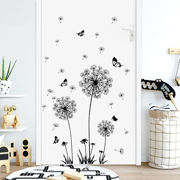 Svarta Maskros Väggdekaler Vita Blommor Väggdekaler Avtagbara Fjärilar Väggdekaler för Vardagsrum Sovrum Kontor Soffa Bakgrund Dekor