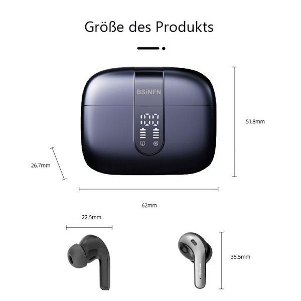 Wekily Bluetooth 5.2-hovedtelefoner i øret, dyb bas indbygget mikrofon-hovedtelefoner