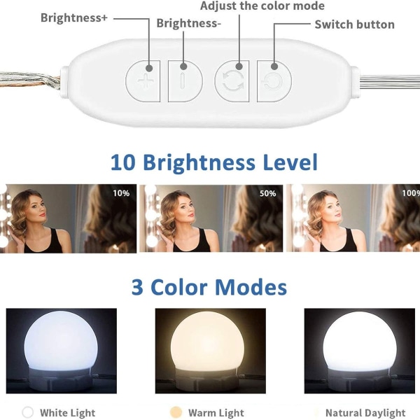 LED-speilbelysning, Hollywood-stil 10 dimbare sminkebelysning KLB