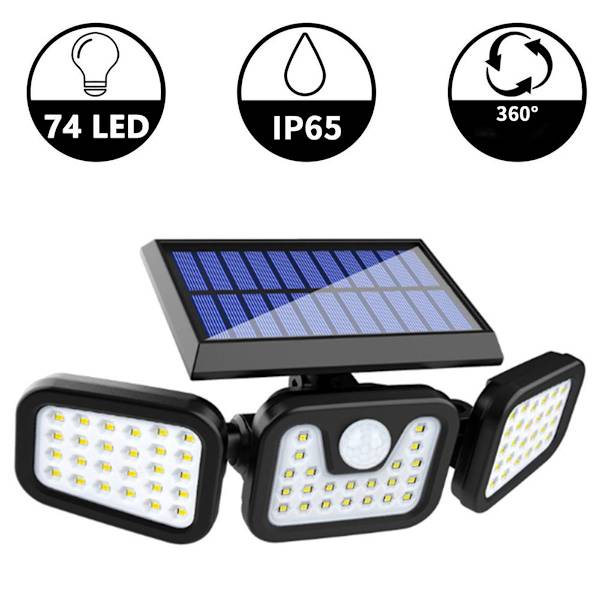 Solcellslampor utomhus 74 LED, rörelsesdetektor, 360 roterbar, utomhusbelysning KLB