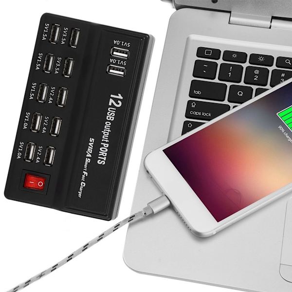 Moniporttinen kotitalouspistorasia, jossa on 12 USB-porttia ja pikalaturi KLB