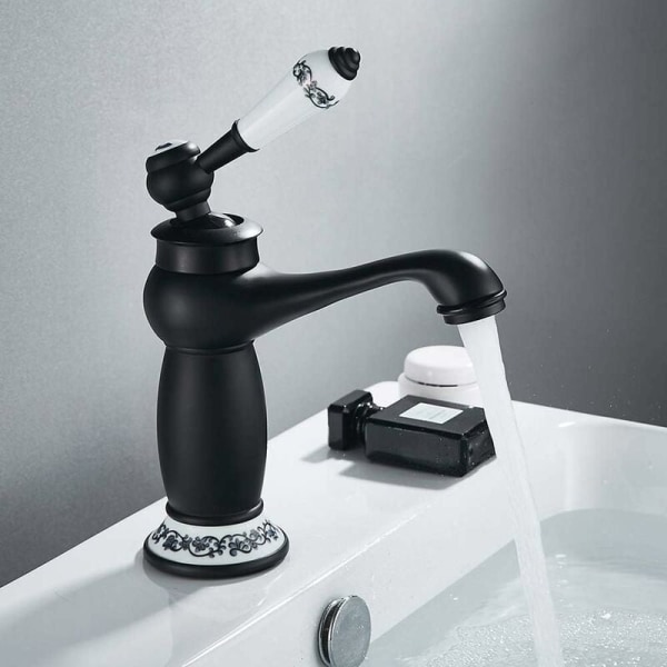 Basin Faucet Retro Brass Ceramic Sink Faucet Black Porcelain Long Neck Vintage Floral with Inlet Cold/Hot Water Faucet Bathroom Faucet(black) KLB