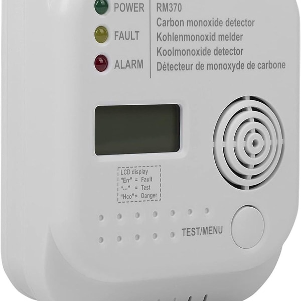 Kulmonoxiddetektor med display og temperaturdisplay, testknap, RM370, 2