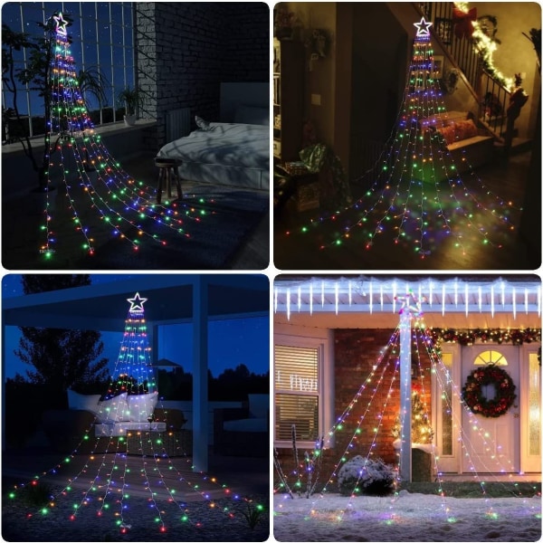 350 LED juletræslyskrans med stjerne, 9*3,5 m hvidt juletræslysgardin, flerfarvet udendørs og indendørs juledekoration