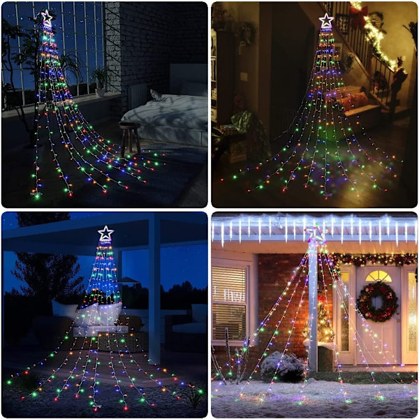 350 LED juletrelys med stjerne, 9*3,5 m hvit juletrelysgardin, flerfarget utendørs og innendørs juledekorasjon