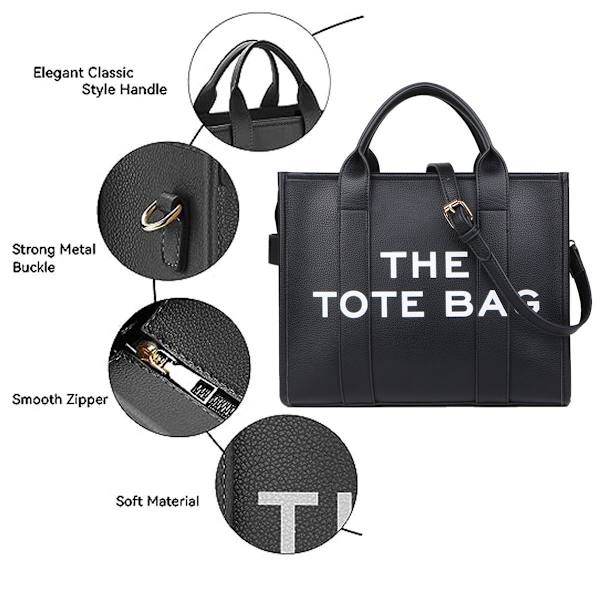 Lær tote bag for kvinner, håndveske med svart KLB