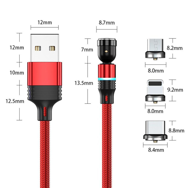 3-pack magnetiska USB-laddningskablar - robusta, flätade nylon, röda