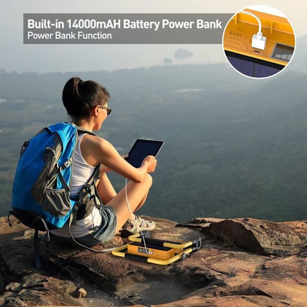 100W solcelledrevet LED-anleggslampe, 4 moduser 120 arbeidslys, 14000mAH vanntett batteri USB-powerbank for bilreparasjon, garasje, KLB