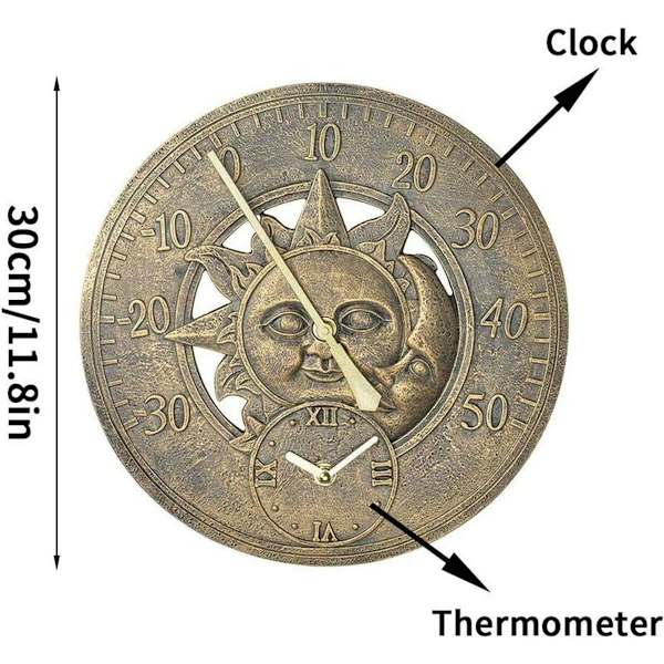 Utendørs termometer klokke vintage veggklokke retro dekorasjon stasjon hengende klokke sol måne