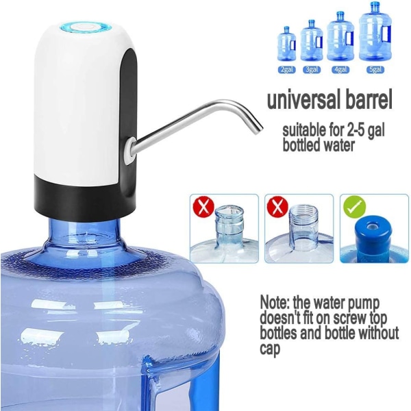 Vit Vattenflaskepumps, 5 Gallons USB Laddningsbar Automatisk Dricksvattenpump, Universal 2-5 Gallons Kannor Distribuerar-