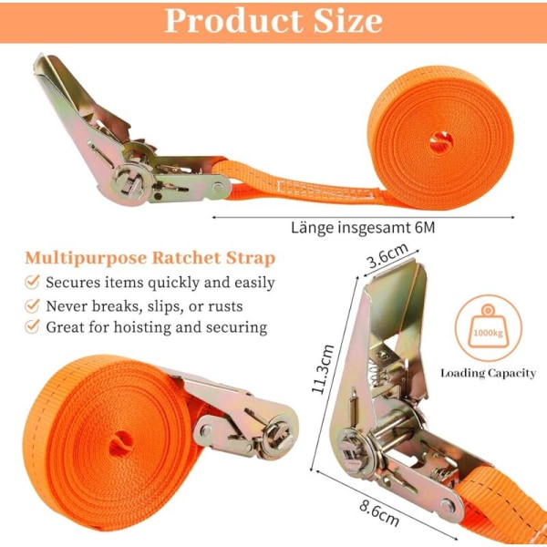 Stykker Ratsjet Stropp, Lengde 6 m, Bredde 25 mm, Ratsjet Surringsstropp, Stramme Stropper, Støtter en Total Maksimal Last på 1000 kg KLB