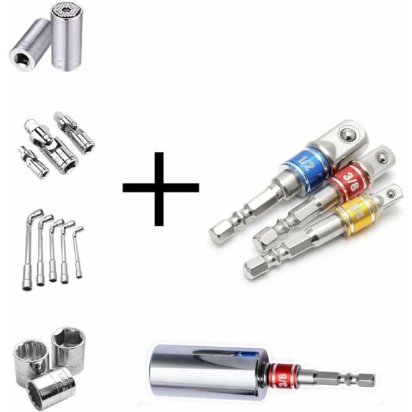 Stikdåseholderadaptere på boremaskine/slagdriver. Sæt med 3 firkantede chuckadaptere 1/4\",1/2\",3/8\" i Chome Vanadium KLB