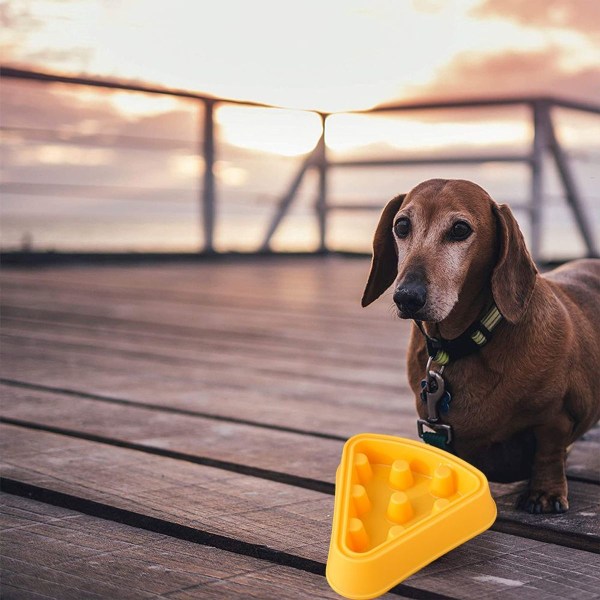 Skål för husdjur, plastskål för hund, tecknad pizzastil, skål för långsam matning, gul KLB
