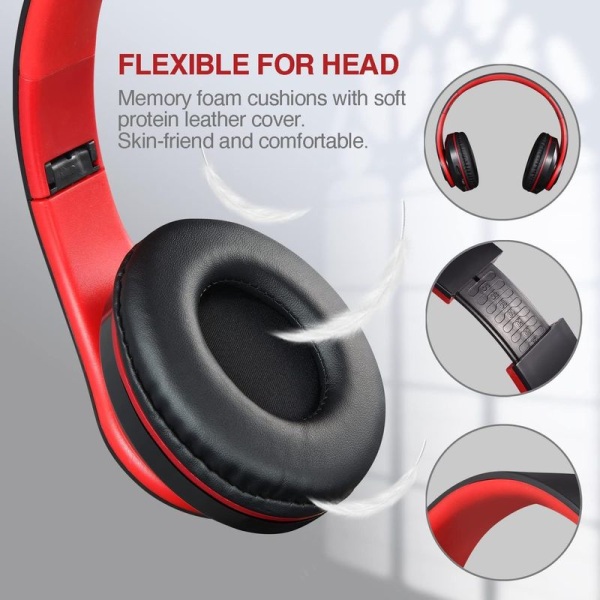 Bluetooth over-ear kuulokkeet, stereo syvä basso, pehmeä musta punainen