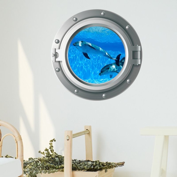 Fyra delar set (35x35cm) 3D havsliv fisk väggdekaler för badrum, undervattens haj väggkonst för barnrum, delfin ocean väggdekor