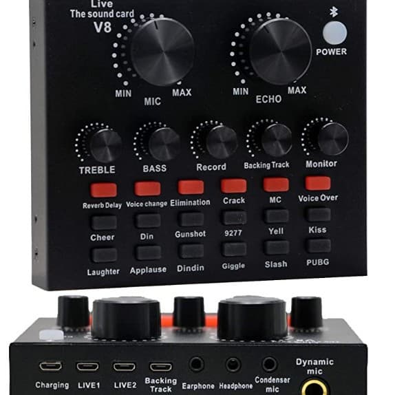 V8P live lydkort, ett-trykks demping, stemmeendring, dobbel mikrofon KLB