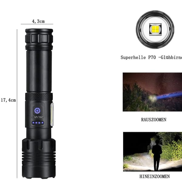 Erittäin kirkas LED-taskulamppu, 7 valotilaa USB-taskulamppu XHP70 26650 akulla KLB