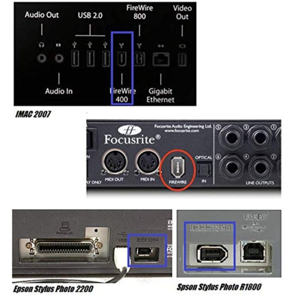 IEEE 1394B Firewire 800 til 400 9-pinners til 6-pinners kabel 6 fot, Firewire