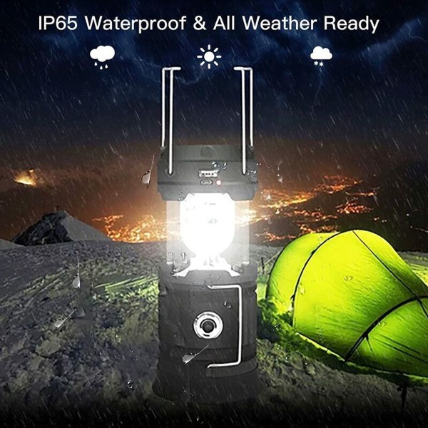 Solcelledrevet/USB-genopladelig LED-lampe 2 tilstande bærbar campinglampe