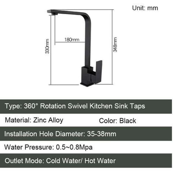 Sort køkkenarmatur med 360° rotation