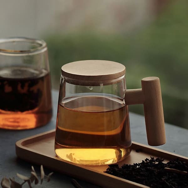 Glas tekopp med tesil og låg, tekopp med træhåndtag, stil 2