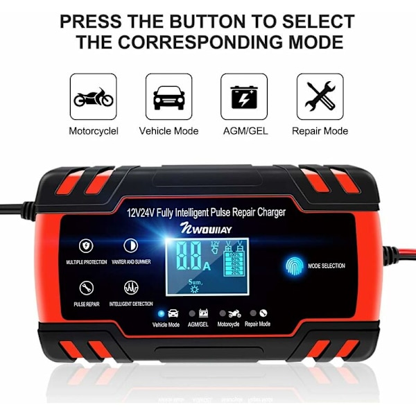 Bilbatterioplader, 8A 12V/24V Bilbatterioplader, Fuldautomatisk Bilbatterioplader med LCD-display Batterioplader, Vedligeholdelsesoplader med Pr KLB