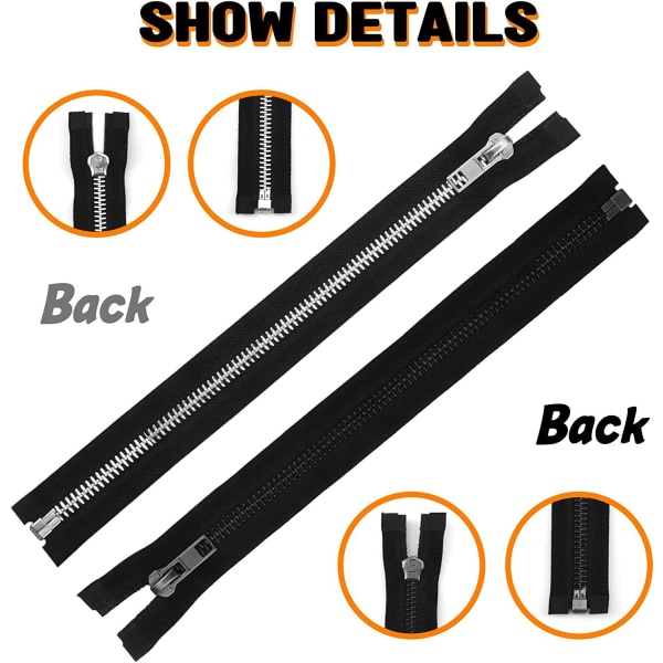 40cm Separerbar Metall Blixtlås Svart Metall Blixtlås Blixtlås Slider för Jackor, 2 stycken
