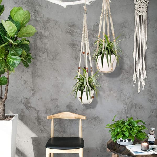 Set med 2 macramé hängande korgar, bomullstros hängande korgar, blomkruka växter