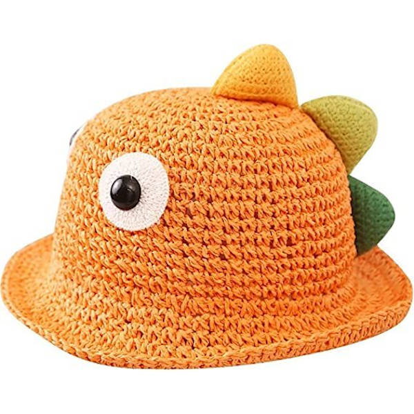 Söt tecknad dinosauriefiskarehatt (orange, hattens omkrets 48 cm), sommarflickans solhatt, stråhatt, strandhatt, söt, lätt och andningsbar