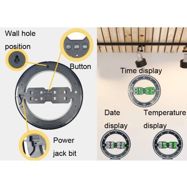 3D veggklokke for stue - Stor skjerm elektronisk LED-klokke - Sekundlys