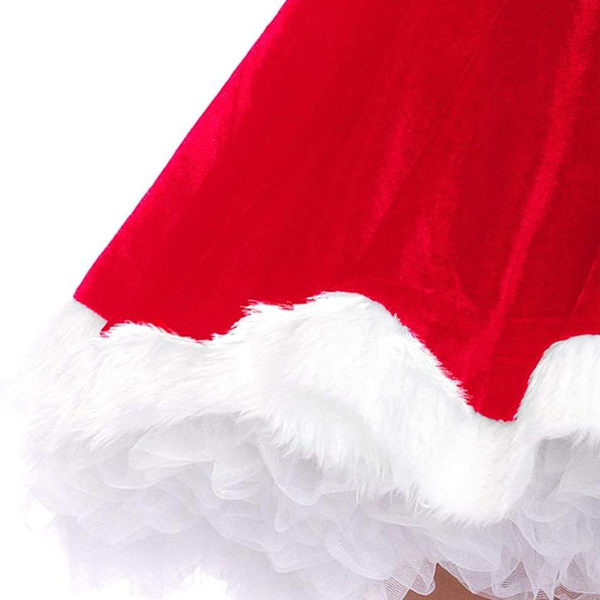 Fru Jultomtens sammetsklänning med huva, juldräkt med rött och vitt KLB