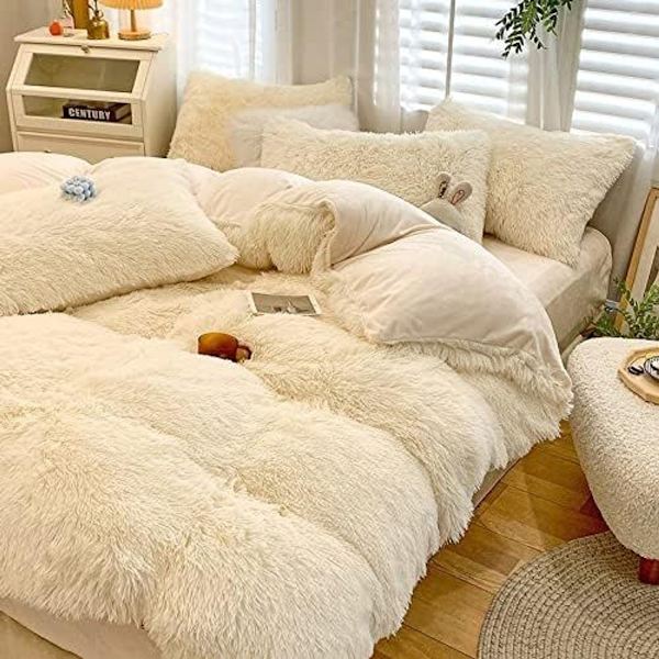 Shaggy Comforter Set Grå King Size Vinter Faux Fur