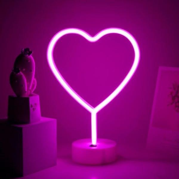 Hjerteformet rosa LED-neon - Hjerteformet dekorativ bordlampe (dekorativt lys, neonlys,