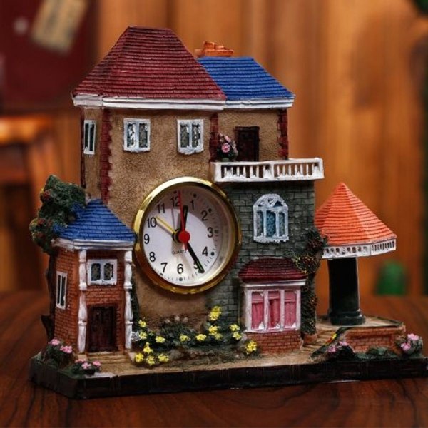 Big Castle Alarm Clock Villa Resin Craft Ornament (rosa paviljong på höger sida)