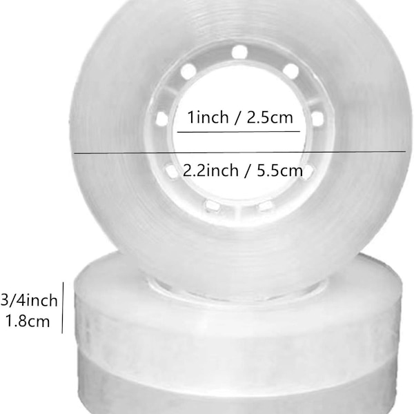 12 rullaa läpinäkyvän teipin täyttöpakkauksia. Rullaa läpinäkyvät