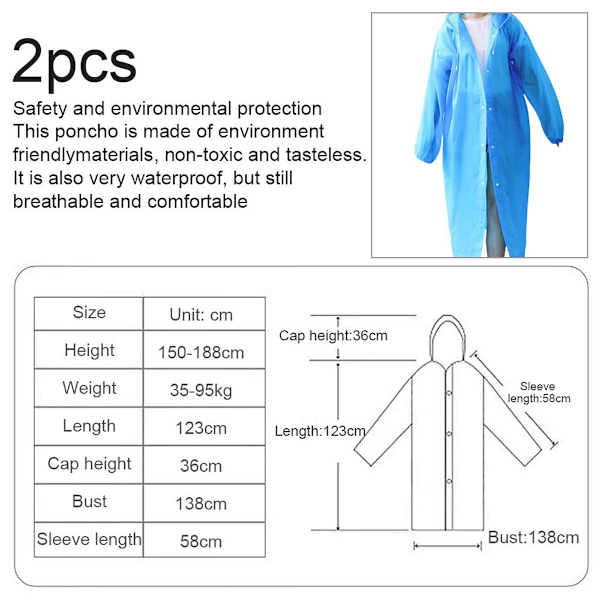 Vuxen återanvändbara ponchos 2-pack huva dragsko blå ponchos KLB