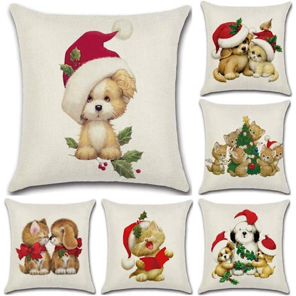Set med 6 bomullslinnekuddfodral, för hem, sovrum, soffa, bil, jul kollektion katt hund örngott söt kuddfodral linne digitaltryck 45x45