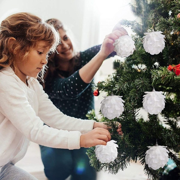 Pinecone joulukoristeet (4 kpl) - Suuret valkoiset glitter-männynkävyt KLB