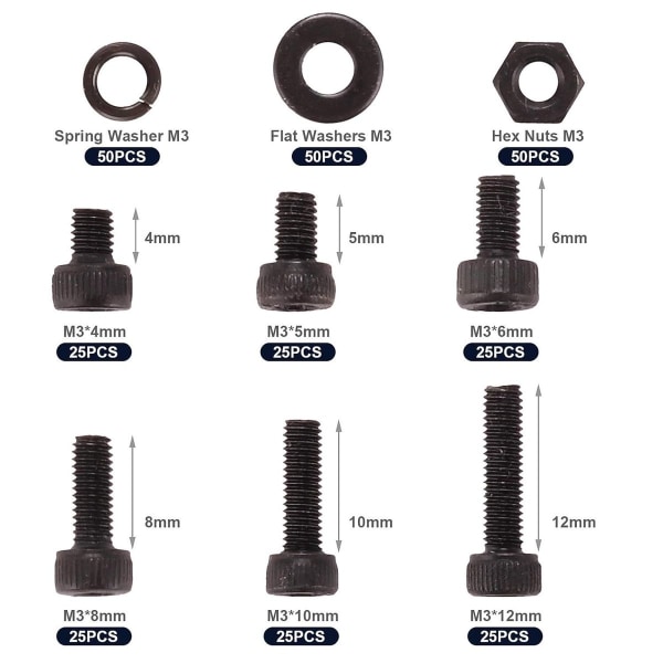 300 stk M3 skruer bolter muttere skiver samsvarende sett KLB