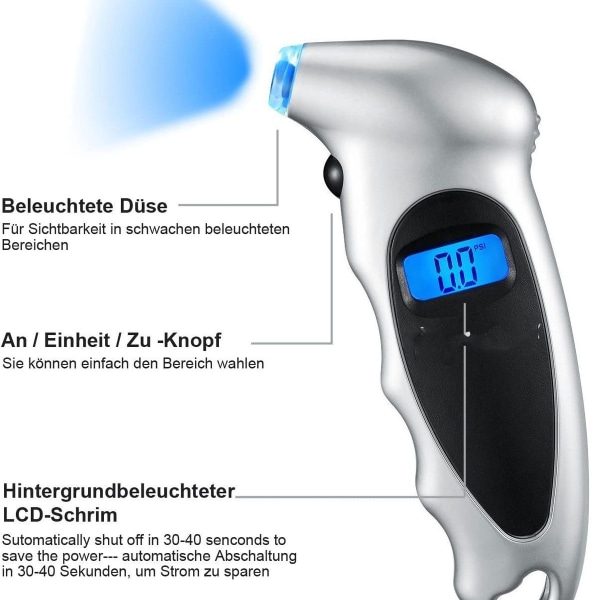 Dæktryksmåler Digital lufttryksmåler med stort LCD-display til KLB