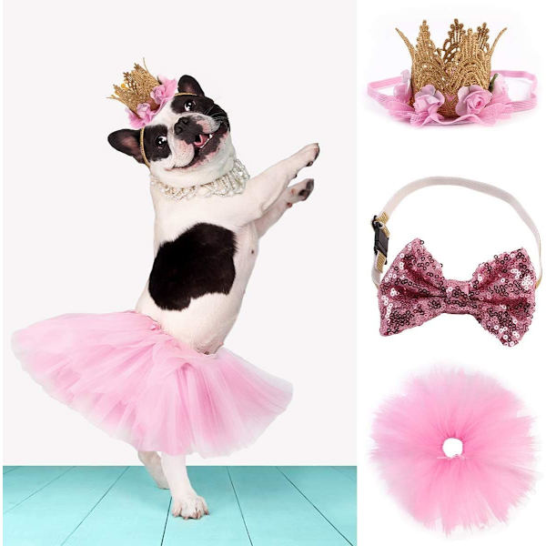 3 st hundkostym för födelsedagsfest husdjur rosa tyllkjol kronhatt paljett fluga med justerbar nackrem för valp bröllop födelsedag
