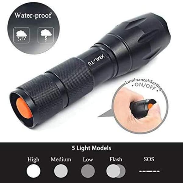 LED-taskulamppu, ladattava taskulamppu, 5 tilaa, vedenpitävä, zoomaava KLB