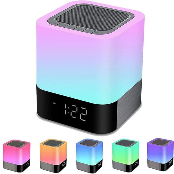 Yöpöytälamppu herätyskellolla, Bluetooth-kaiuttimella, yövalolla,