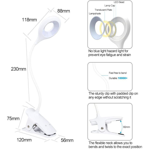 24 LED-lukuvalo, 9 eri asetusta, silmiä suojaava pidikekirjalle, USB-ladattava lukuvalo, kosketusohjauspidin pöytälamppu