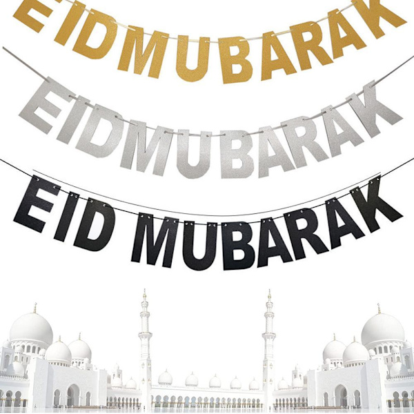 4 stk. Eid Mubarak banner sæt, guld glitrende Eid banner og måne stjerner