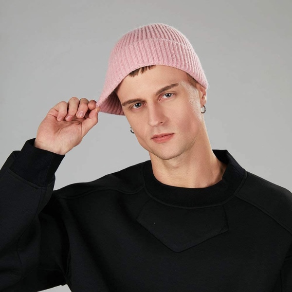 Short Fisherman Beanie Hat for Men Women Warm Winter Hats Pink