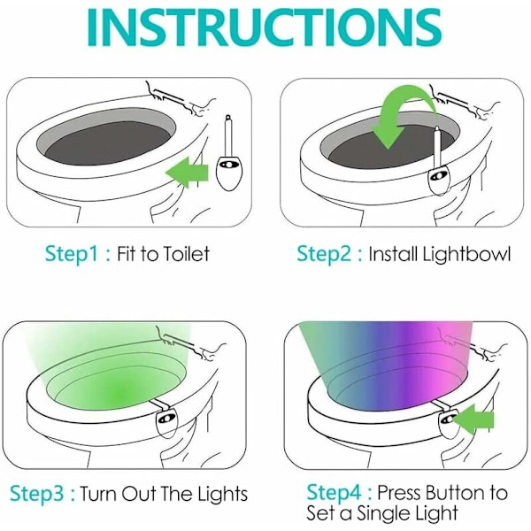 Genopladelig LED-toiletlampe, 8 farver, til WC-badeværelse/Casle-spand/toilet/skab/vask/hoteller, cafeer KLB
